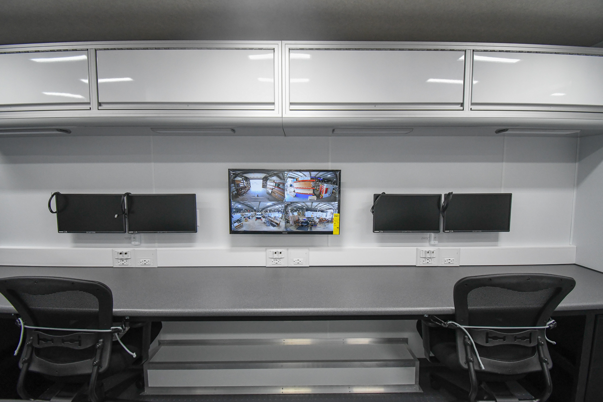 Two workstations and a TV displaying the camera feed of the unit for Albermarle, NC.