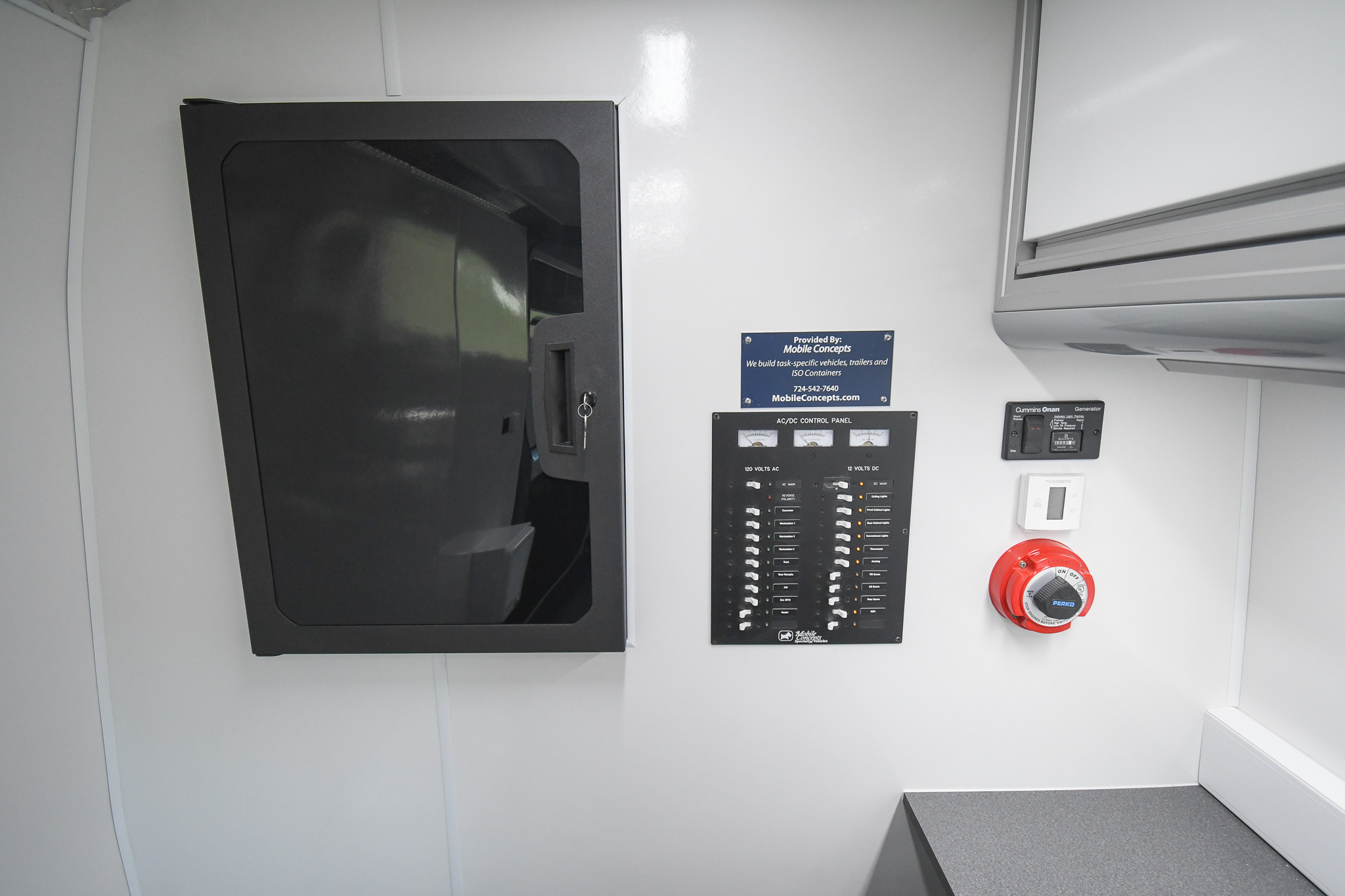 The electronics rack and electric panel inside the unit for San Bernardino, CA.